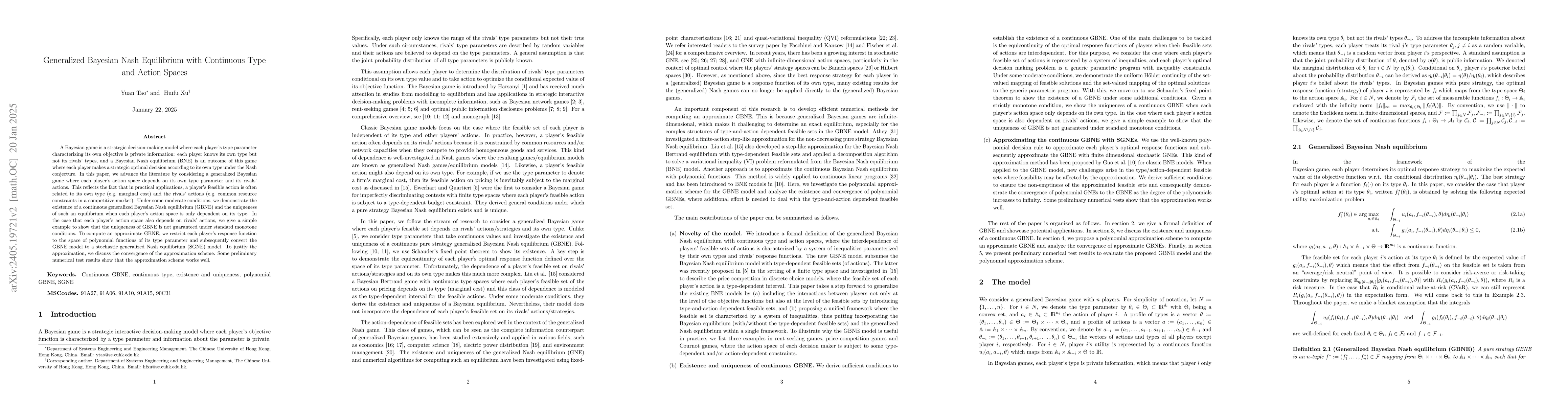 Thumbnail for Generalized Bayesian Nash Equilibrium with Continuous Type and Action
  Spaces