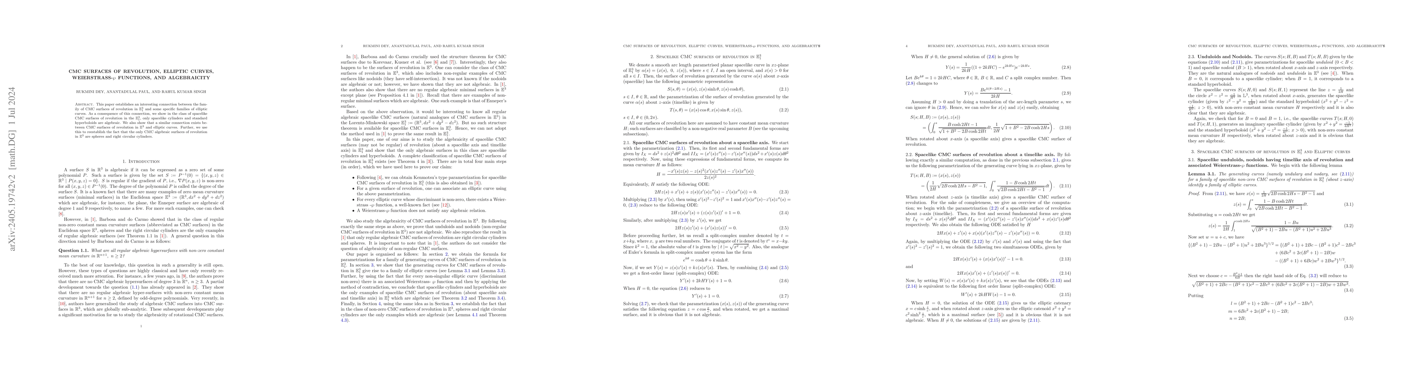 Thumbnail for CMC surfaces of revolution, Elliptic curves, Weierstrass-$\wp$
  functions, and Algebraicity
