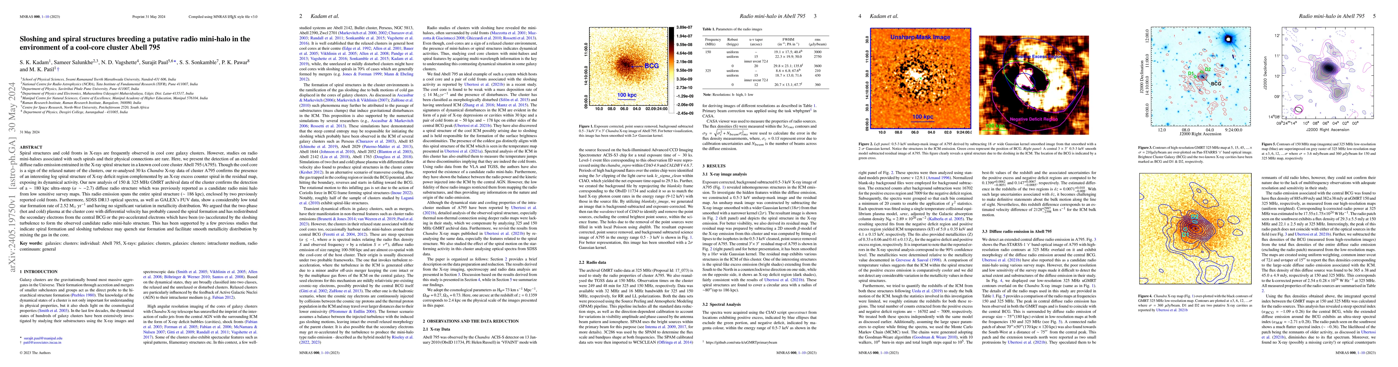 Thumbnail for Sloshing and spiral structures breeding a putative radio mini-halo in
  the environment of a cool-core cluster Abell 795