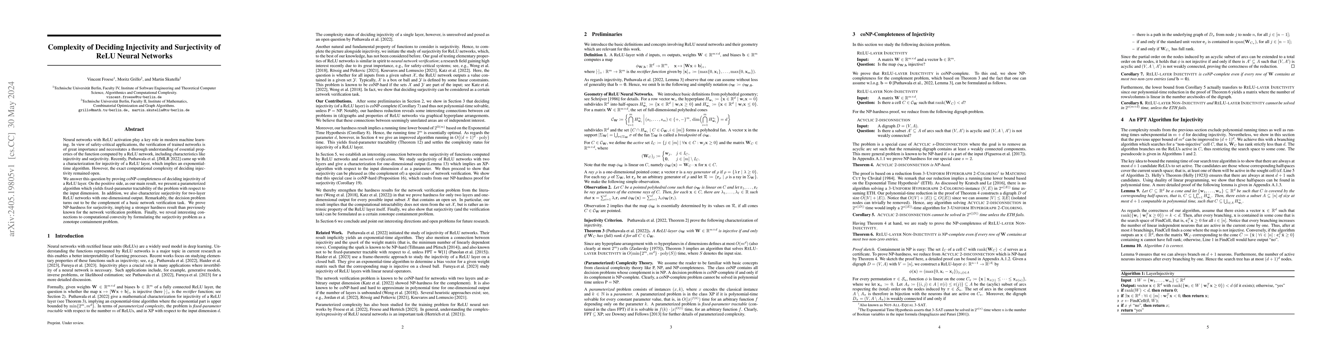 Thumbnail for Complexity of Deciding Injectivity and Surjectivity of ReLU Neural
  Networks