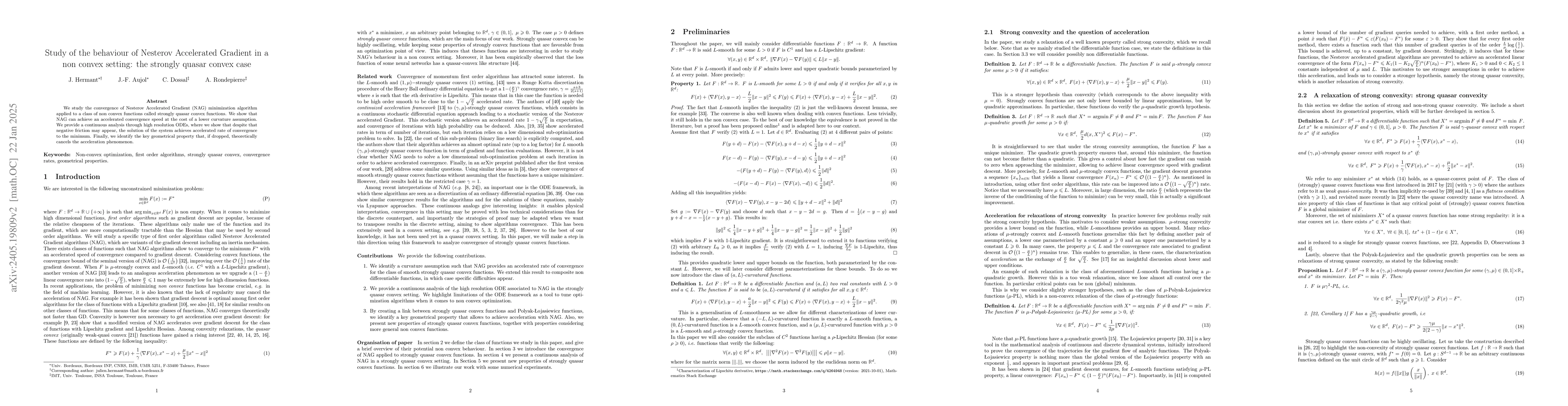 Thumbnail for Study of the behaviour of Nesterov Accelerated Gradient in a non convex
  setting: the strongly quasar convex case