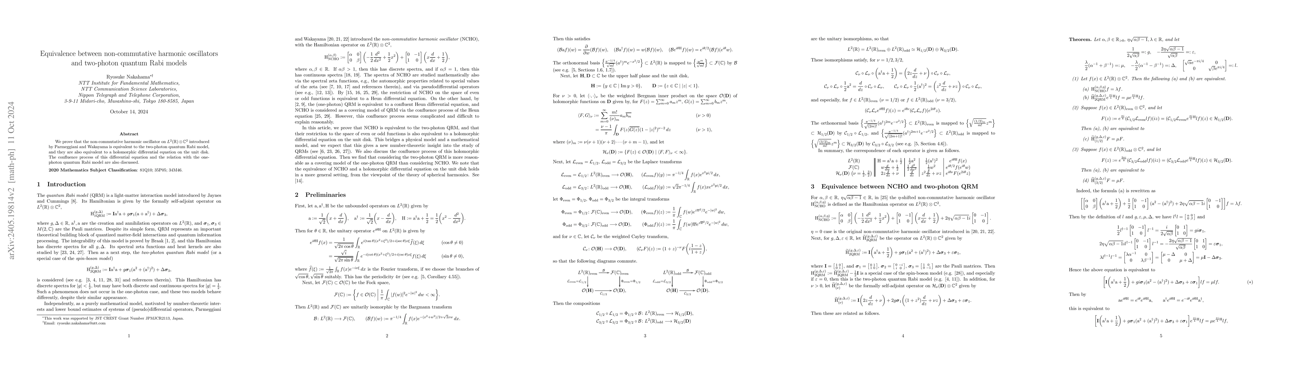 Thumbnail for Equivalence between non-commutative harmonic oscillators and two-photon
  quantum Rabi models