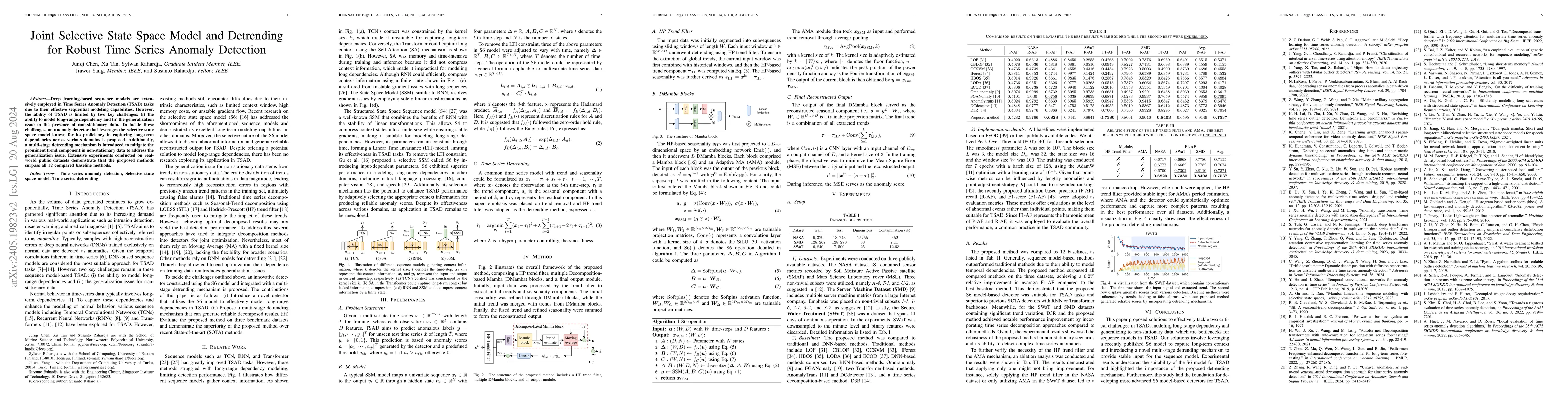 Thumbnail for Joint Selective State Space Model and Detrending for Robust Time Series
  Anomaly Detection