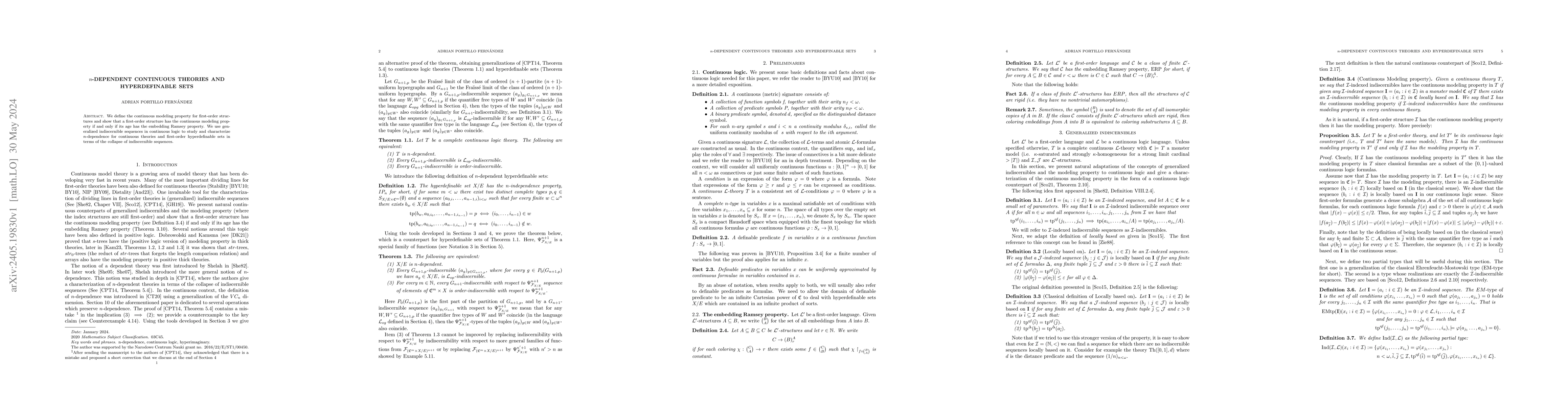 Thumbnail for n-dependent continuous theories and hyperdefinable sets