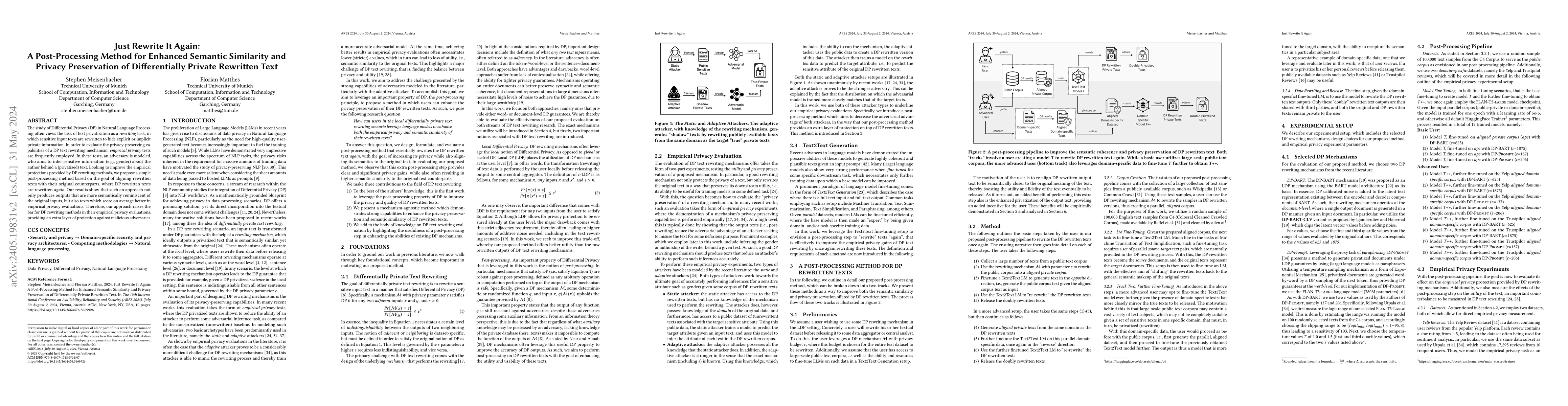 Thumbnail for Just Rewrite It Again: A Post-Processing Method for Enhanced Semantic
  Similarity and Privacy Preservation of Differentially Private Rewritten Text
