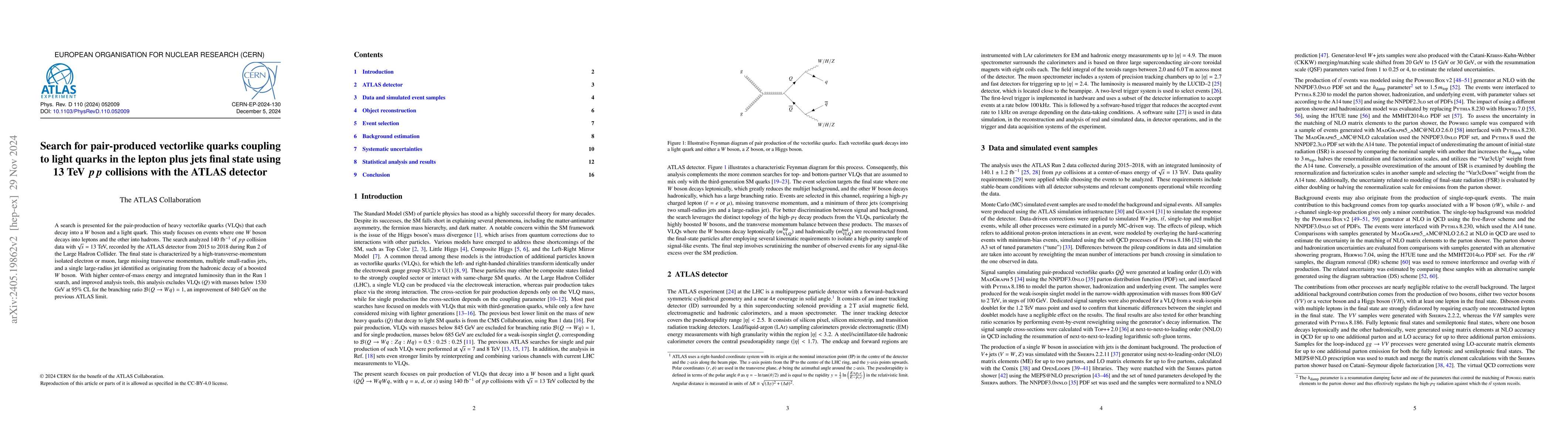 Thumbnail for Search for pair-produced vector-like quarks coupling to light quarks in
  the lepton plus jets final state using 13 TeV $pp$ collisions with the ATLAS
  detector