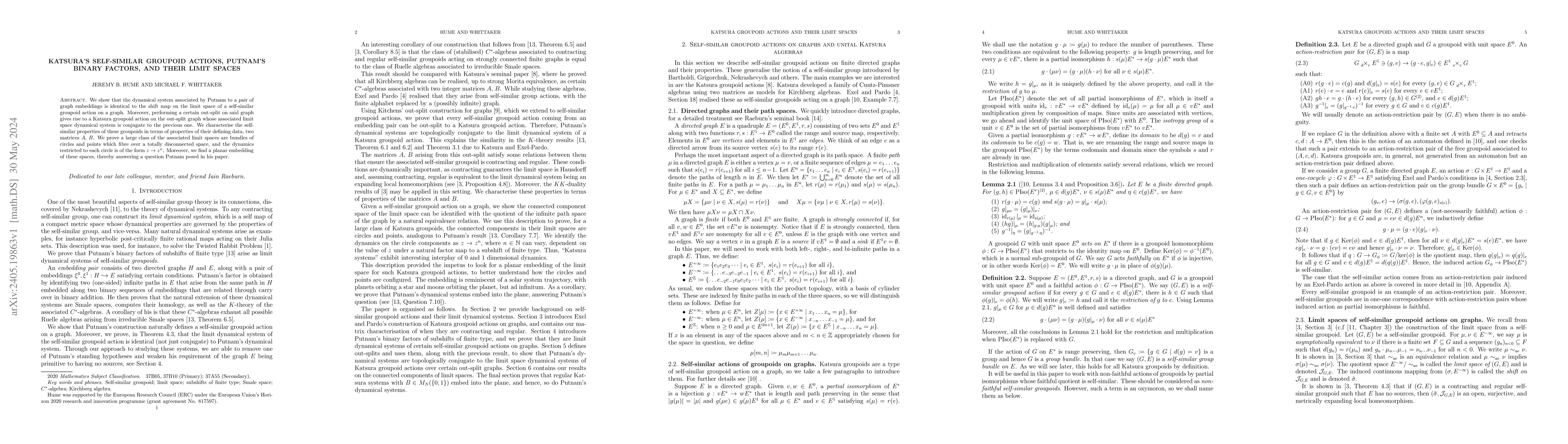 Thumbnail for Katsura's self-similar groupoid actions, Putnam's binary factors, and
  their limit spaces