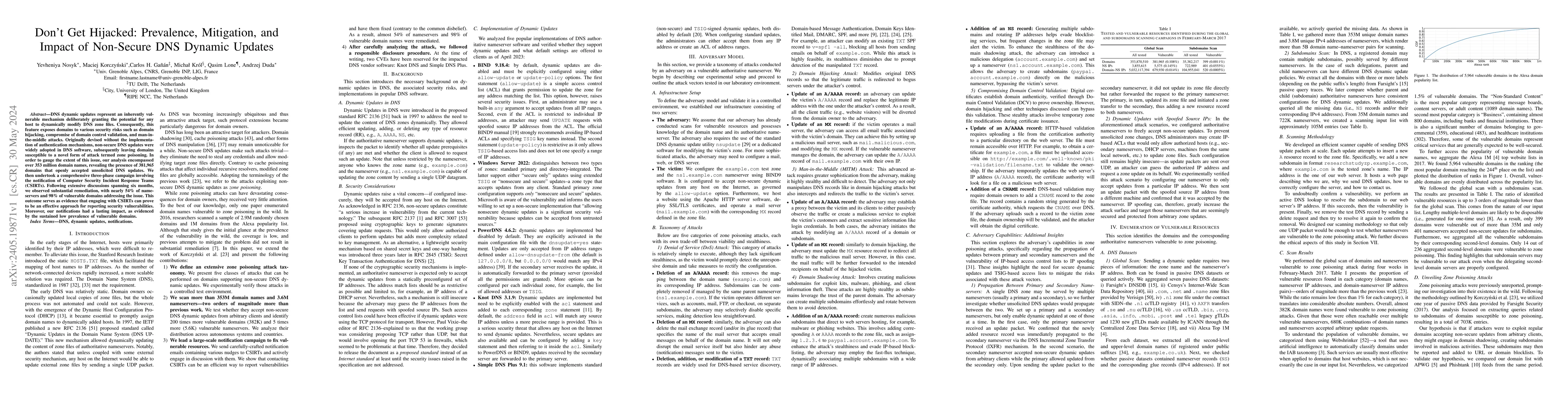 Thumbnail for Don't Get Hijacked: Prevalence, Mitigation, and Impact of Non-Secure DNS
  Dynamic Updates
