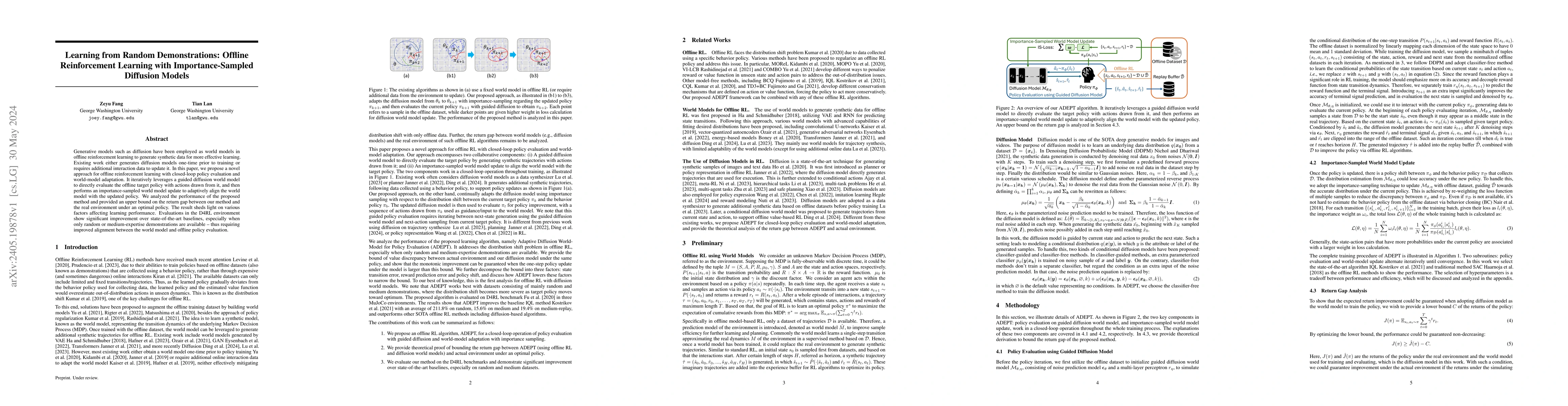 Thumbnail for Learning from Random Demonstrations: Offline Reinforcement Learning with
  Importance-Sampled Diffusion Models