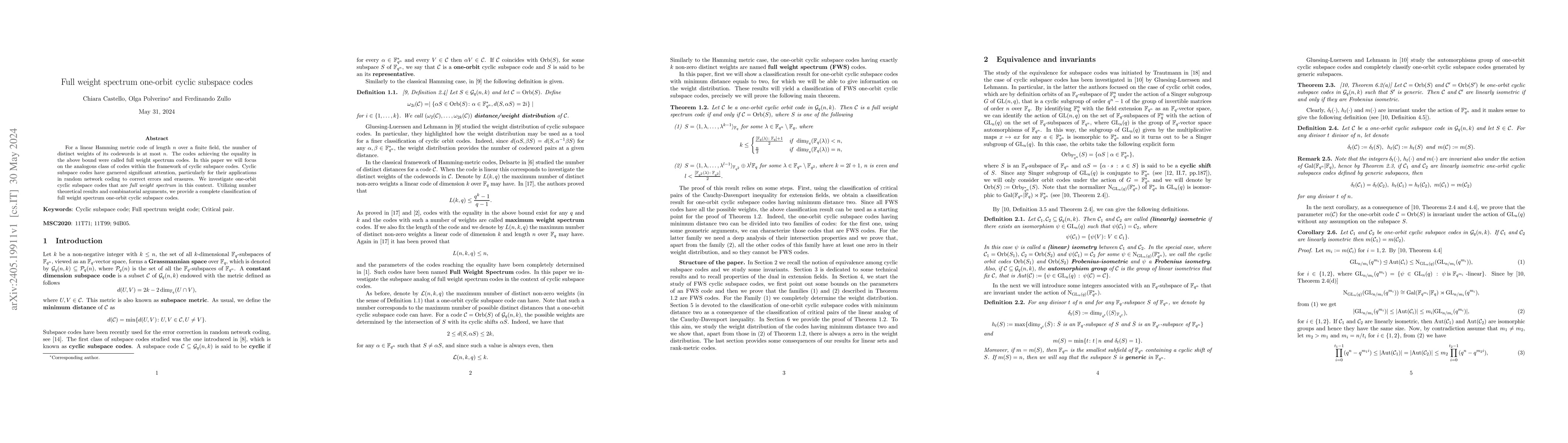 Thumbnail for Full weight spectrum one-orbit cyclic subspace codes