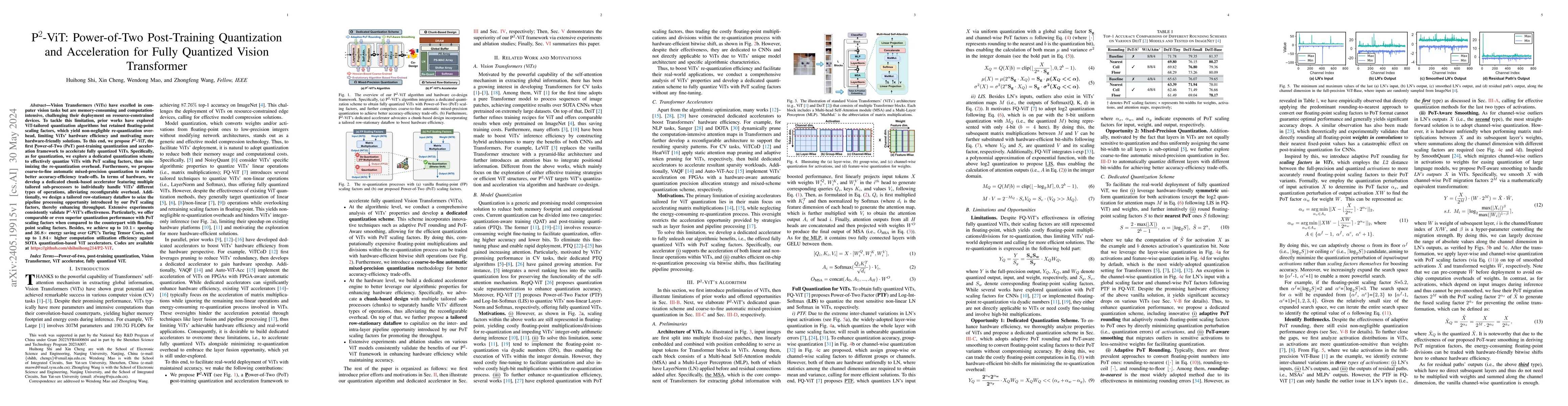 Thumbnail for P$^2$-ViT: Power-of-Two Post-Training Quantization and Acceleration for
  Fully Quantized Vision Transformer