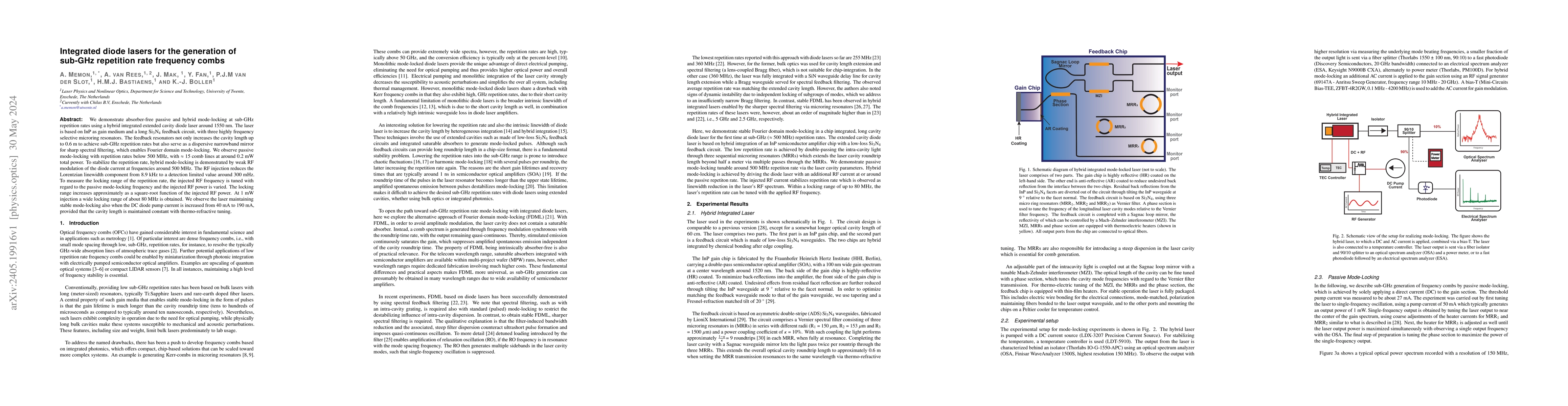 Thumbnail for Integrated diode lasers for the generation of sub-GHz repetition rate
  frequency combs