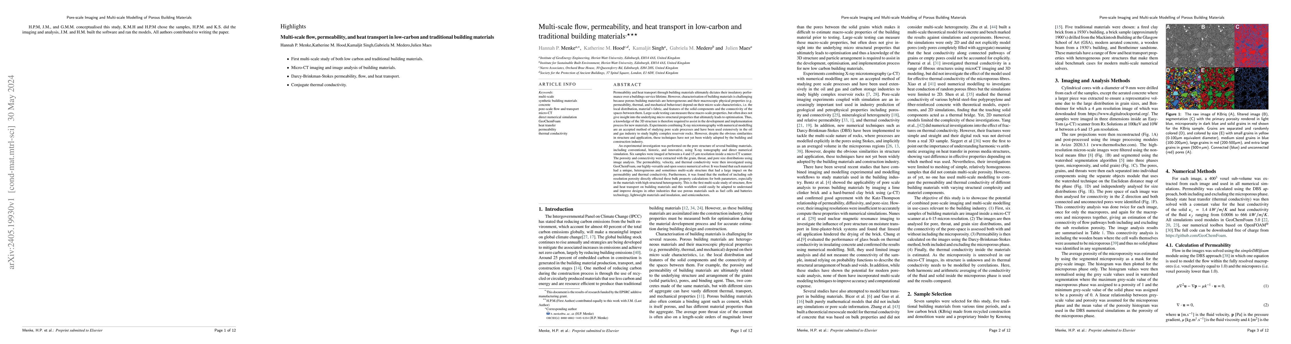 Thumbnail for Multi-scale flow, permeability, and heat transport in low-carbon and
  traditional building materials