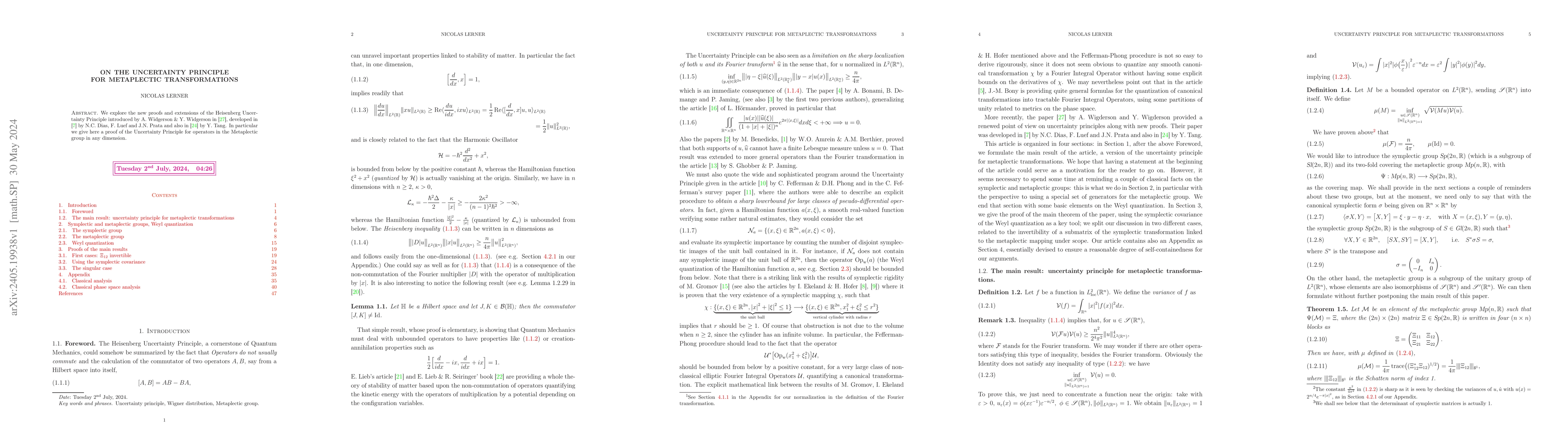 Thumbnail for On the Uncertainty Principle for Metaplectic Transformations