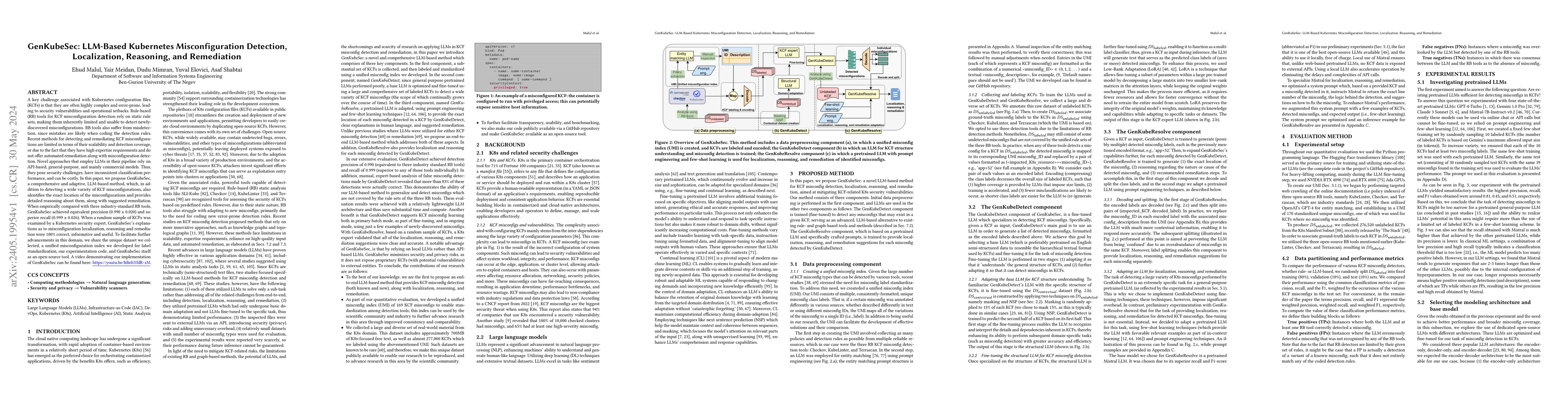 Thumbnail for GenKubeSec: LLM-Based Kubernetes Misconfiguration Detection,
  Localization, Reasoning, and Remediation