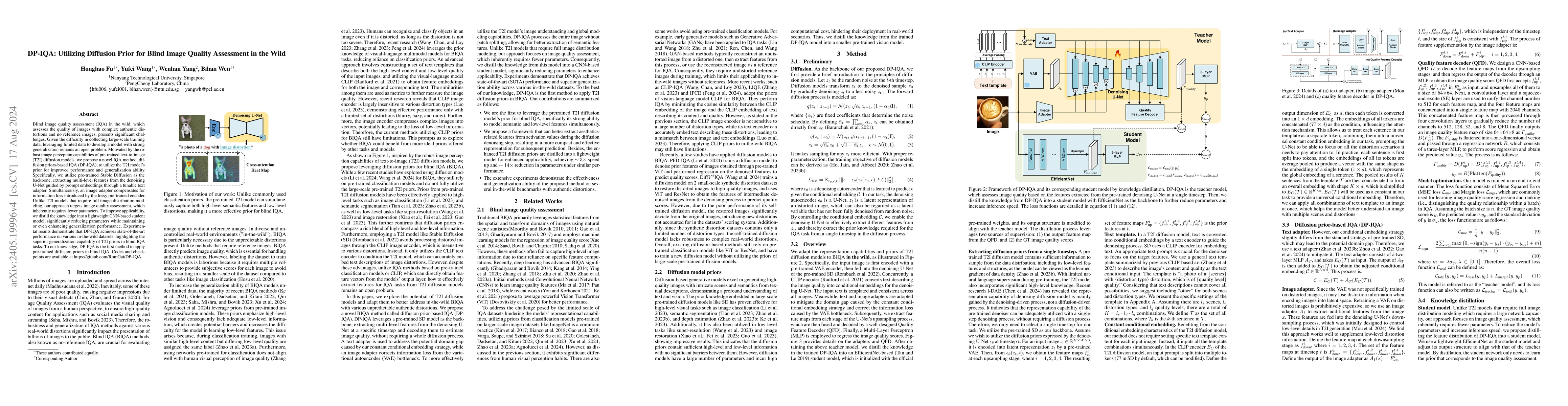Thumbnail for DP-IQA: Utilizing Diffusion Prior for Blind Image Quality Assessment in
  the Wild