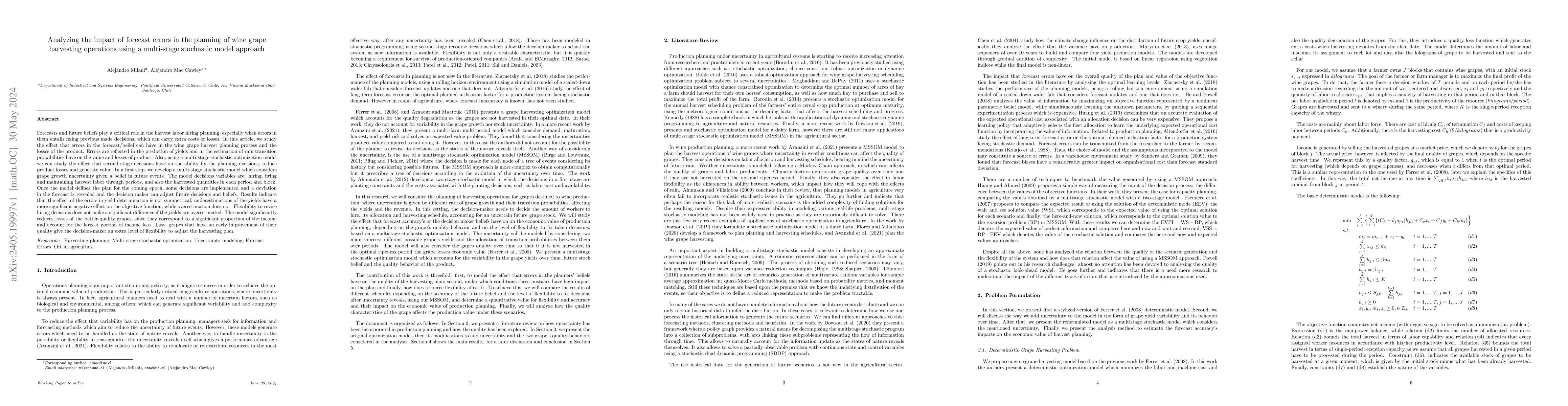 Thumbnail for Analyzing the impact of forecast errors in the planning of wine grape
  harvesting operations using a multi-stage stochastic model approach