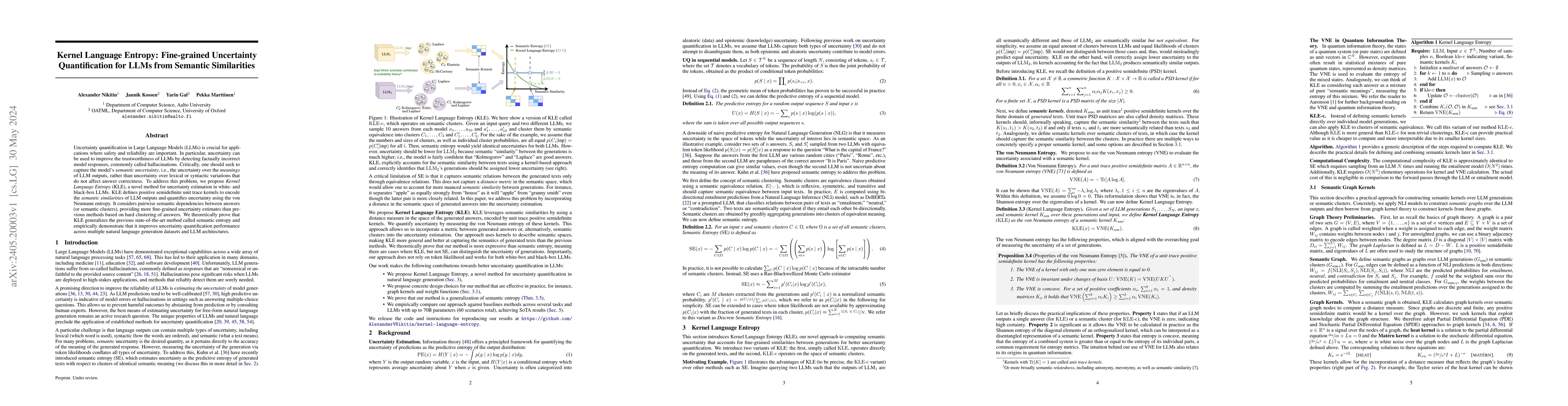 Thumbnail for Kernel Language Entropy: Fine-grained Uncertainty Quantification for
  LLMs from Semantic Similarities