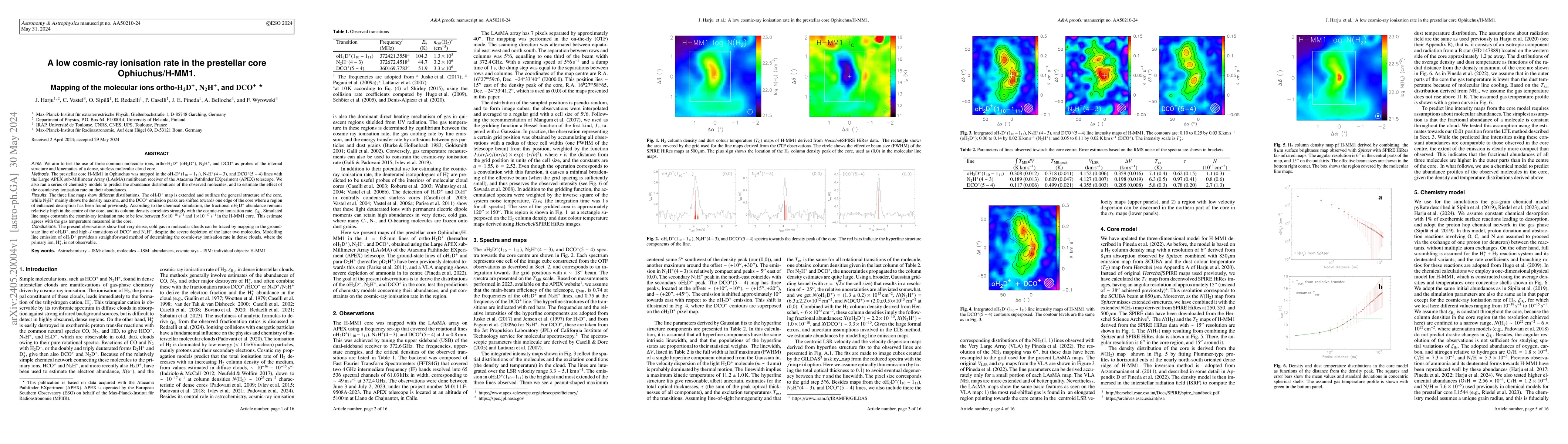 Thumbnail for A low cosmic-ray ionisation rate in the prestellar core Ophiuchus/H-MM1.
  Mapping of the molecular ions ortho-H2D+, N2H+, and DCO+