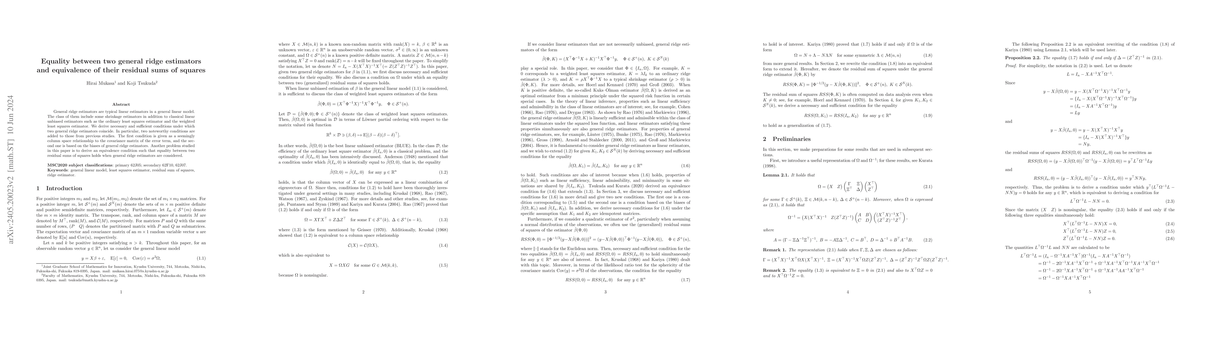 Thumbnail for Equality between two general ridge estimators and equivalence of their
  residual sums of squares