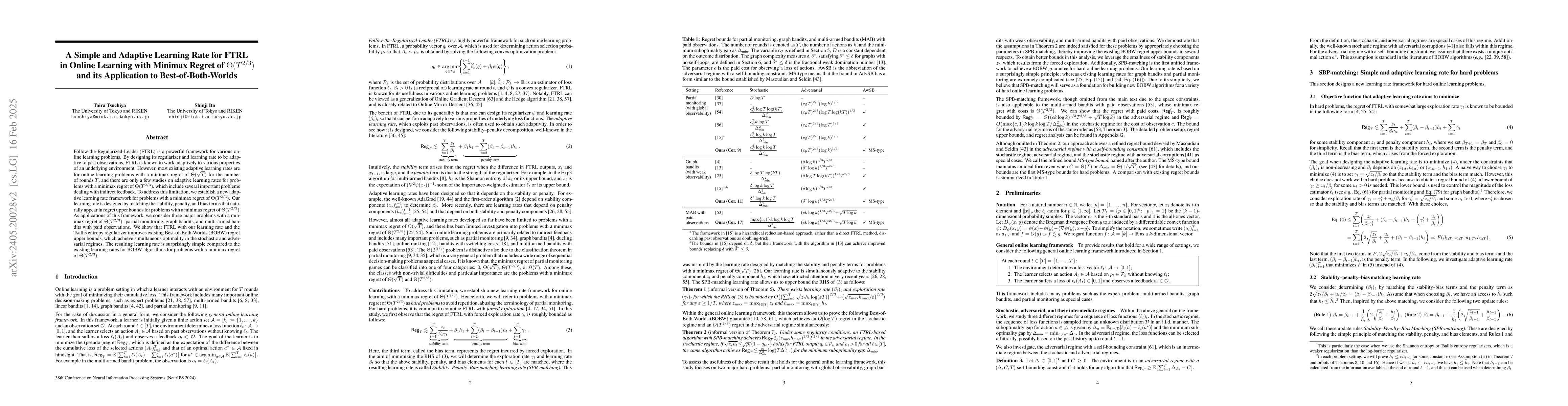 Thumbnail for A Simple and Adaptive Learning Rate for FTRL in Online Learning with
  Minimax Regret of $\Theta(T^{2/3})$ and its Application to
  Best-of-Both-Worlds