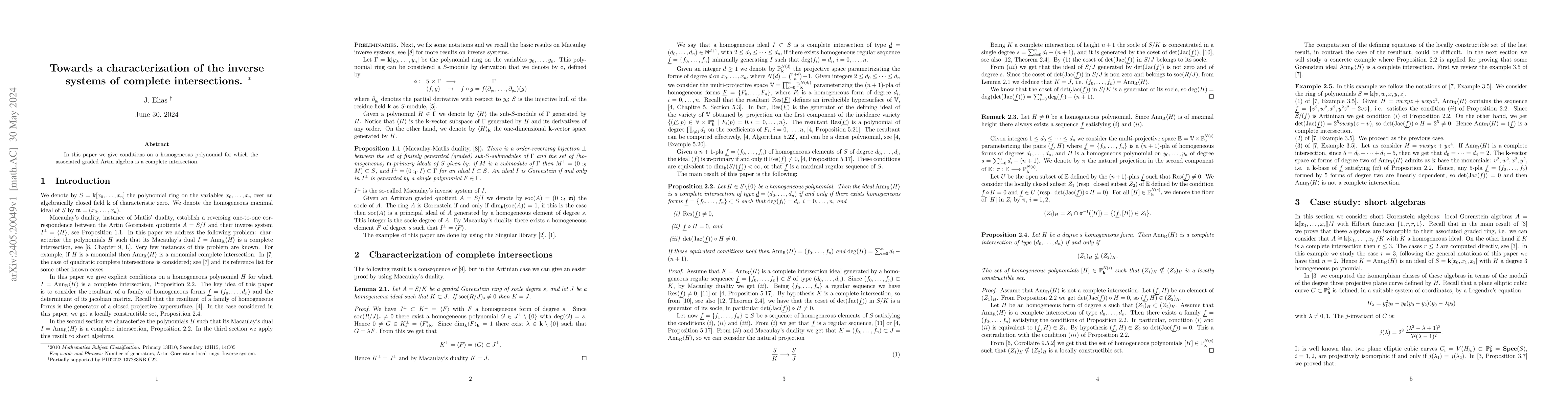 Thumbnail for Towards a characterization of the inverse systems of complete
  intersections