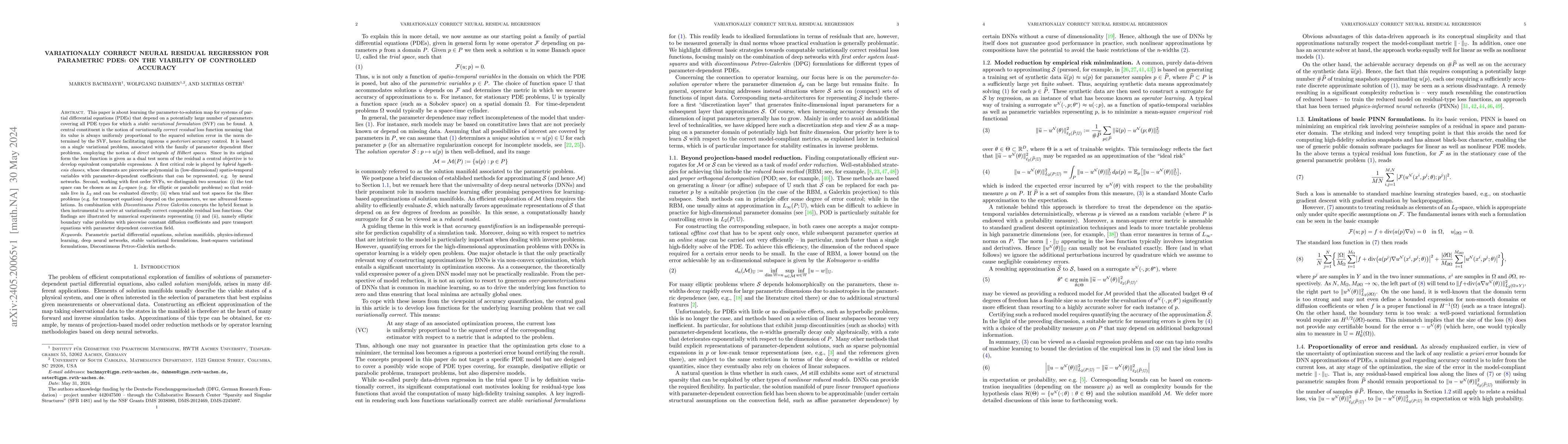 Thumbnail for Variationally Correct Neural Residual Regression for Parametric PDEs: On
  the Viability of Controlled Accuracy