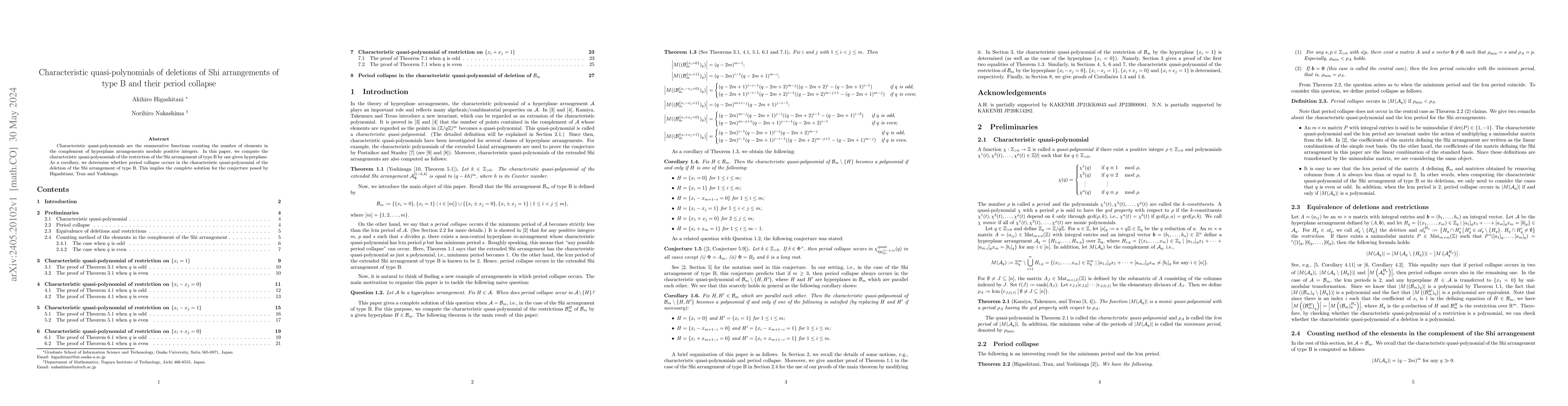 Thumbnail for Characteristic quasi-polynomials of deletions of Shi arrangements of
  type B and their period collapse