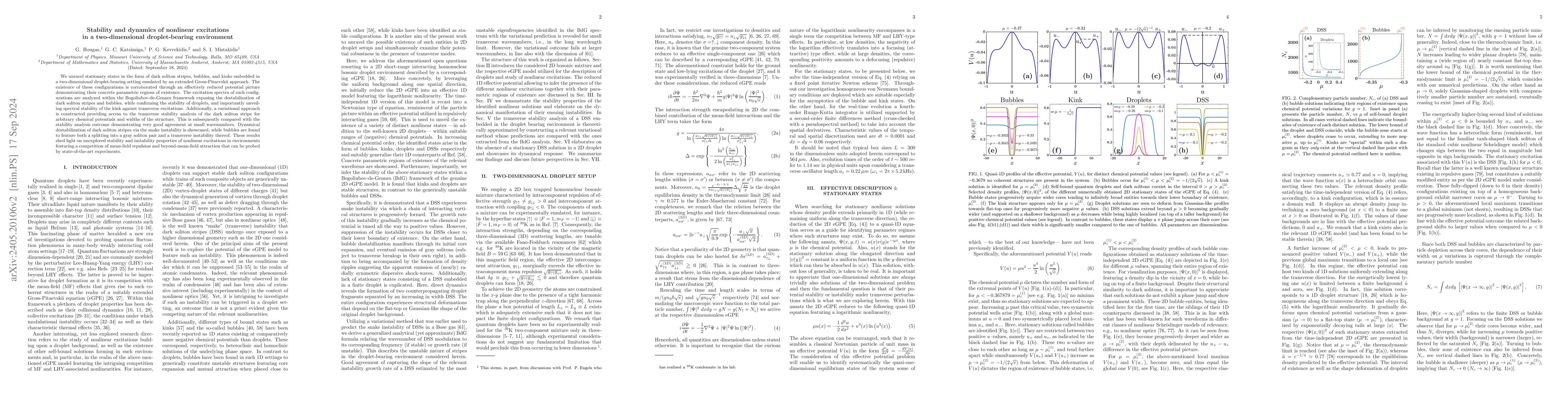 Thumbnail for Stability and dynamics of nonlinear excitations in a two-dimensional
  droplet-bearing environment