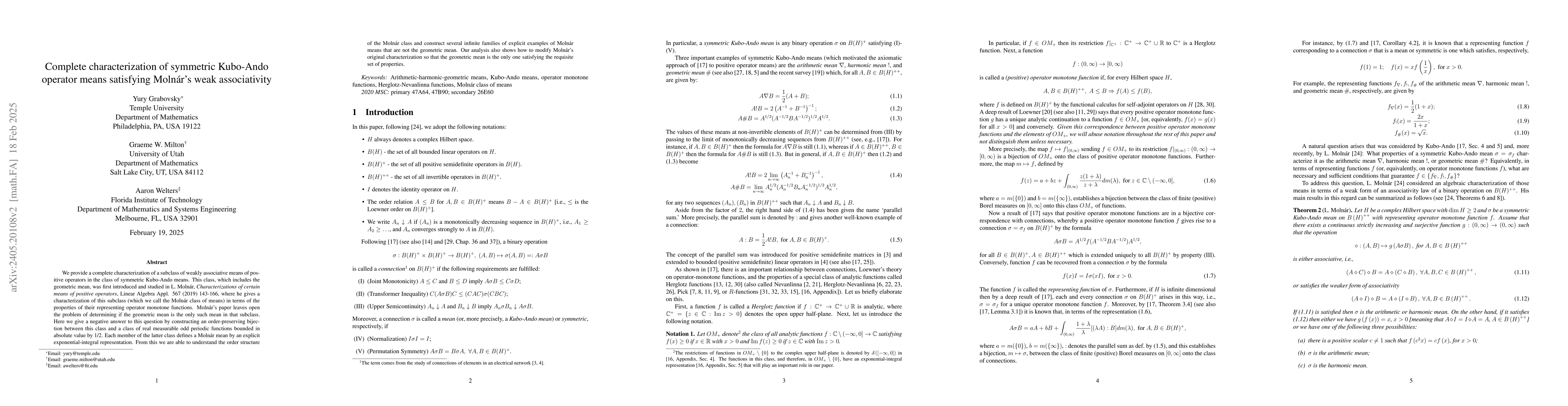 Thumbnail for Complete characterization of symmetric Kubo-Ando operator means
  satisfying Moln\'ar's weak associativity