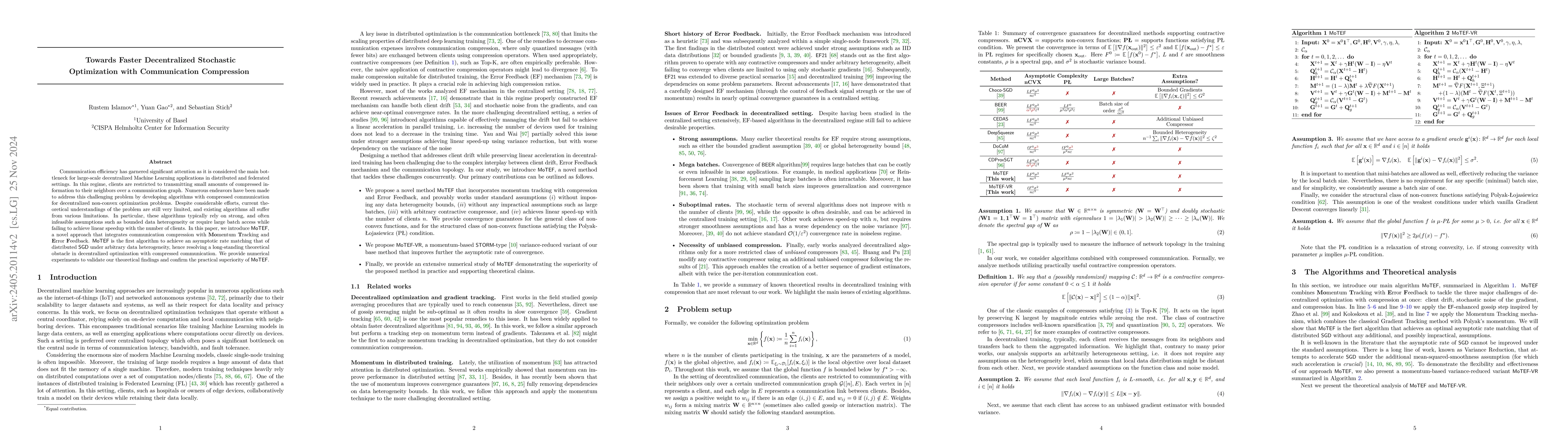 Thumbnail for Near Optimal Decentralized Optimization with Compression and Momentum
  Tracking