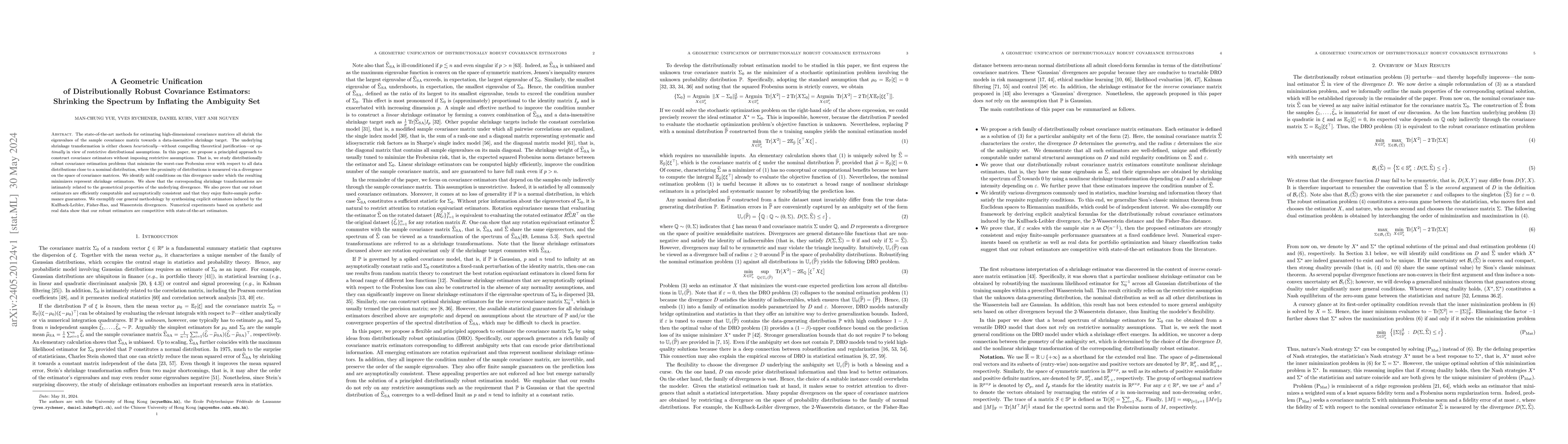 Thumbnail for A Geometric Unification of Distributionally Robust Covariance
  Estimators: Shrinking the Spectrum by Inflating the Ambiguity Set