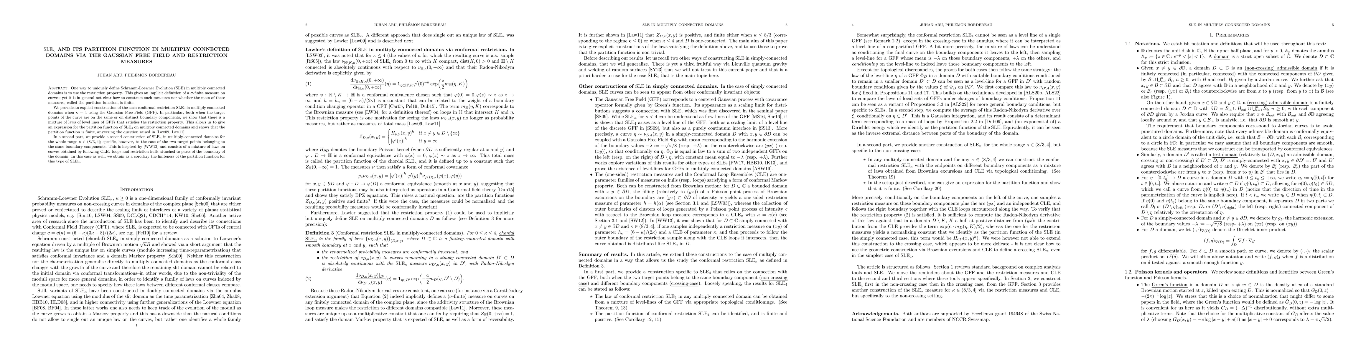 Thumbnail for SLE and its partition function in multiply connected domains via the
  Gaussian Free Field and restriction measures