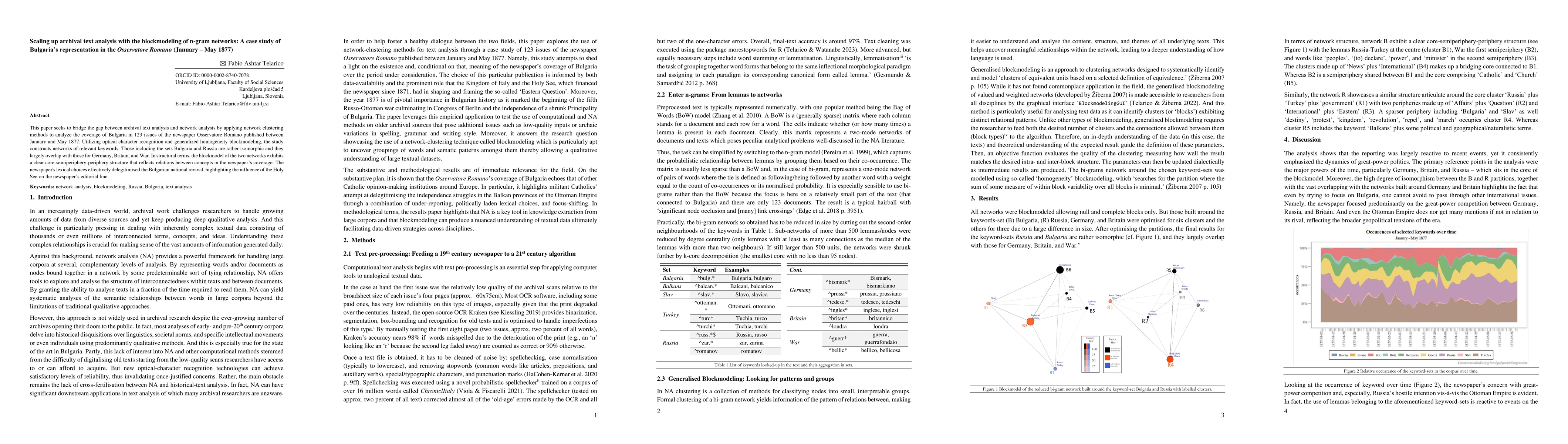 Thumbnail for Scaling up archival text analysis with the blockmodeling of n-gram
  networks -- A case study of Bulgaria's representation in the Osservatore
  Romano (January-May 1877)