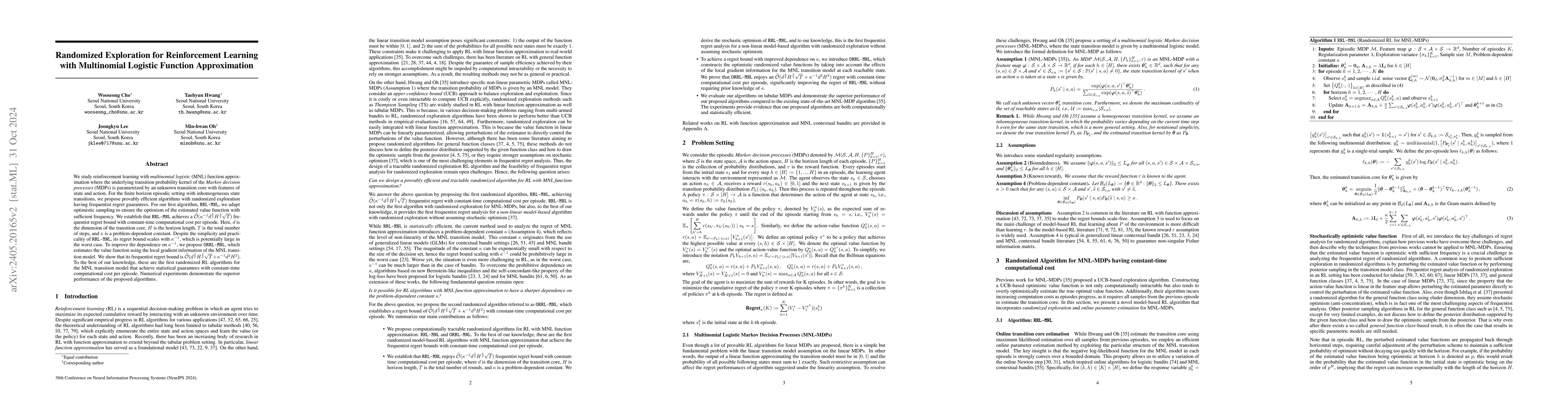 Thumbnail for Randomized Exploration for Reinforcement Learning with Multinomial
  Logistic Function Approximation