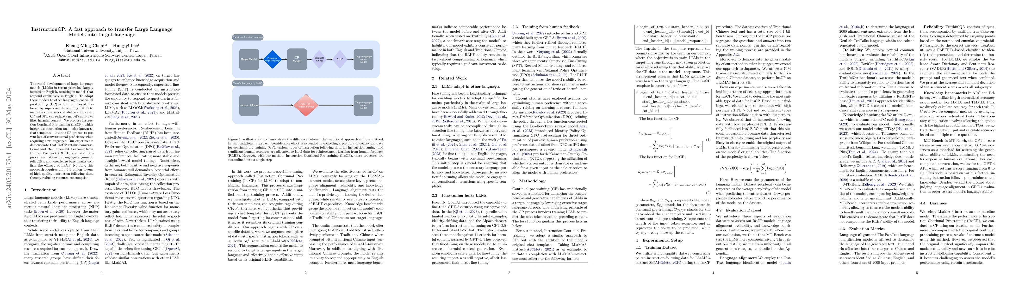 Thumbnail for InstructionCP: A fast approach to transfer Large Language Models into
  target language