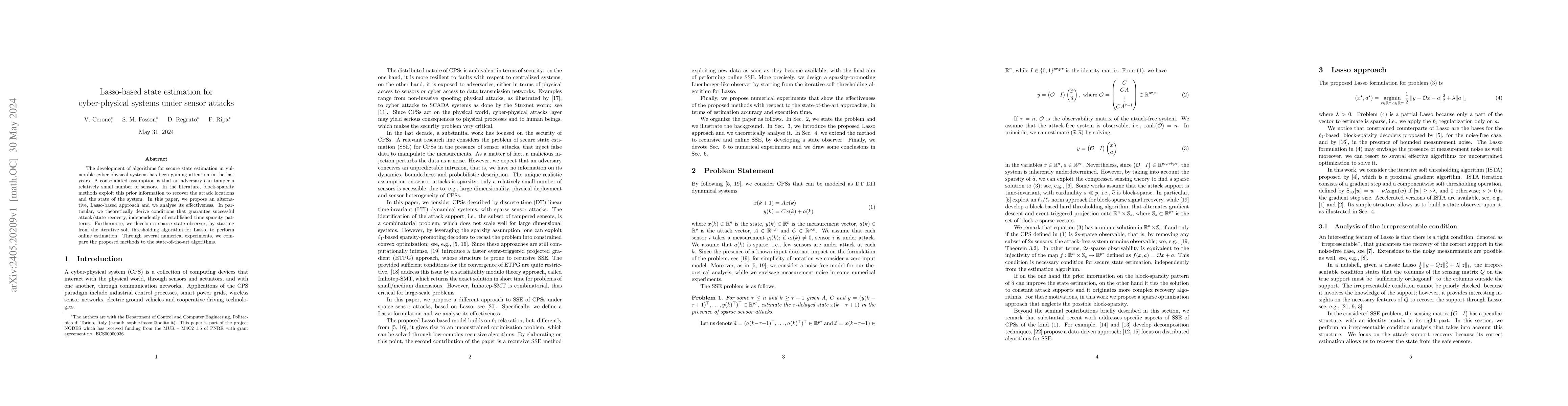 Thumbnail for Lasso-based state estimation for cyber-physical systems under sensor
  attacks