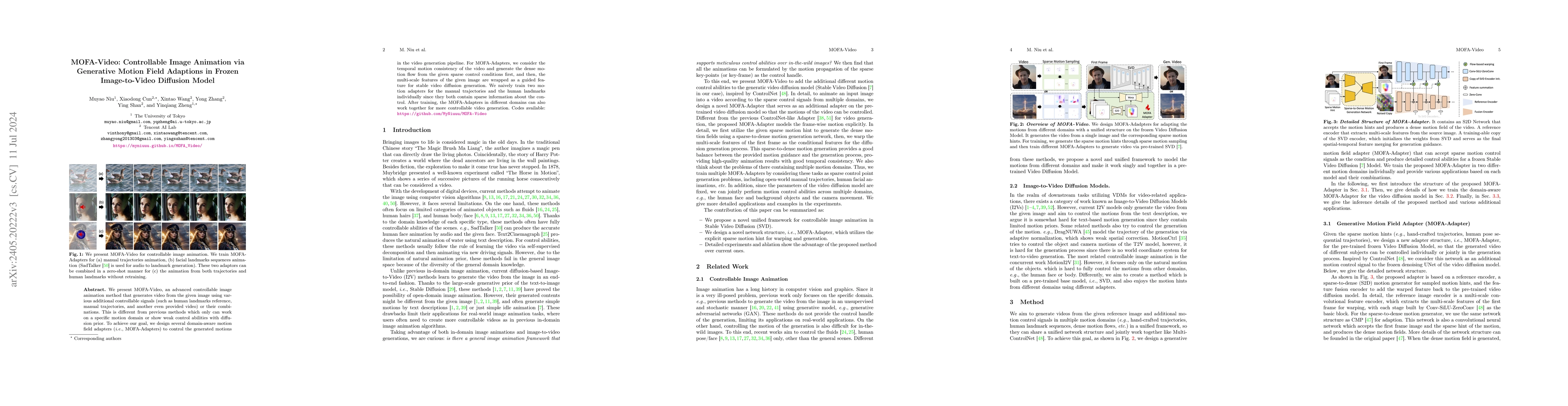 Thumbnail for MOFA-Video: Controllable Image Animation via Generative Motion Field
  Adaptions in Frozen Image-to-Video Diffusion Model