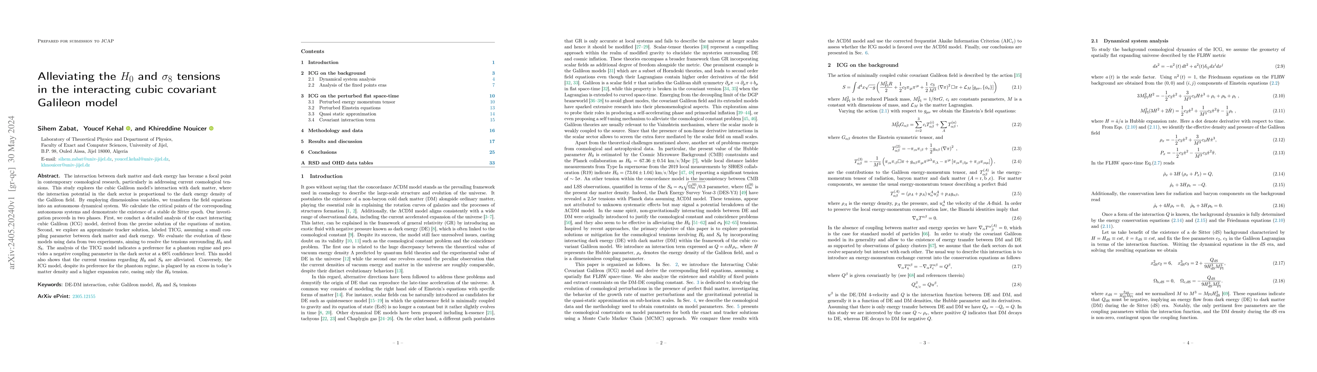 Thumbnail for Alleviating the $H_0$ and $\sigma_8$ tensions in the interacting cubic
  covariant Galileon model