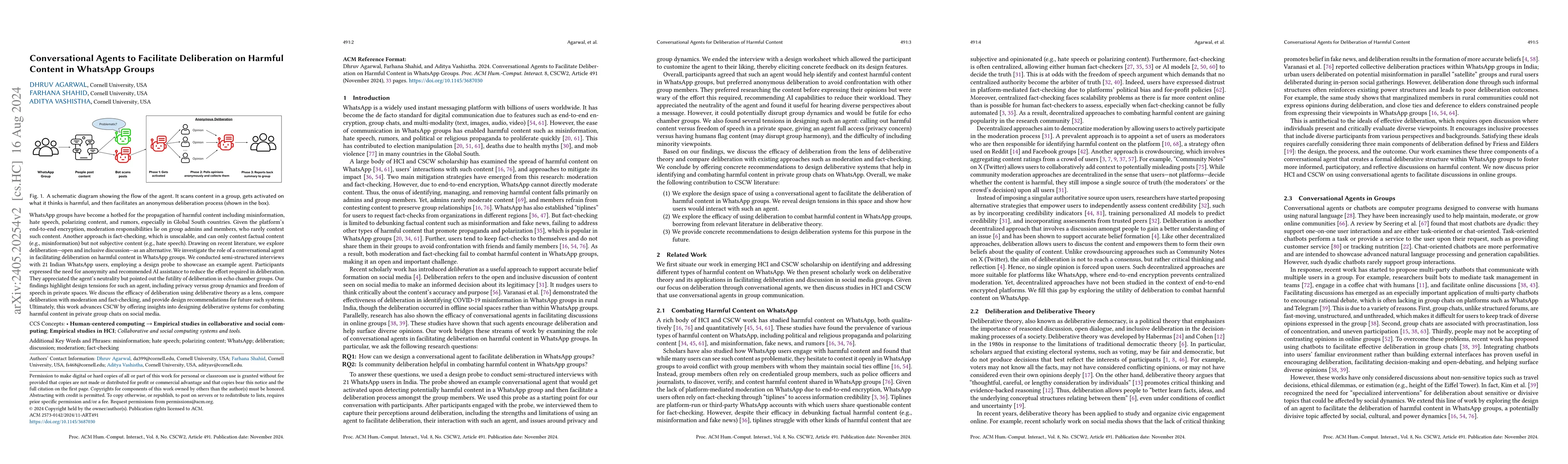 Thumbnail for Conversational Agents to Facilitate Deliberation on Harmful Content in
  WhatsApp Groups