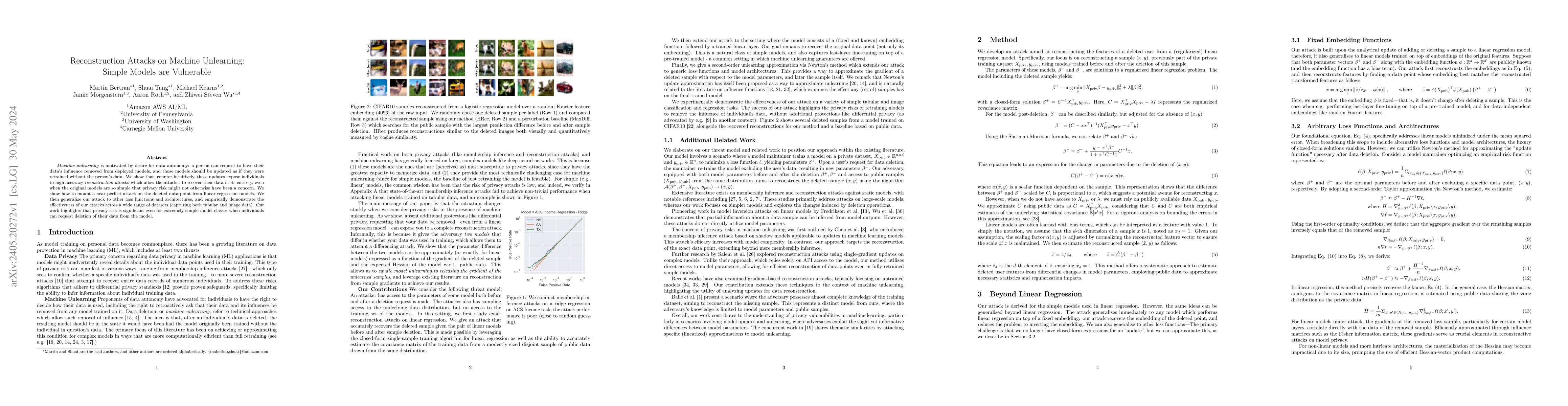 Thumbnail for Reconstruction Attacks on Machine Unlearning: Simple Models are
  Vulnerable