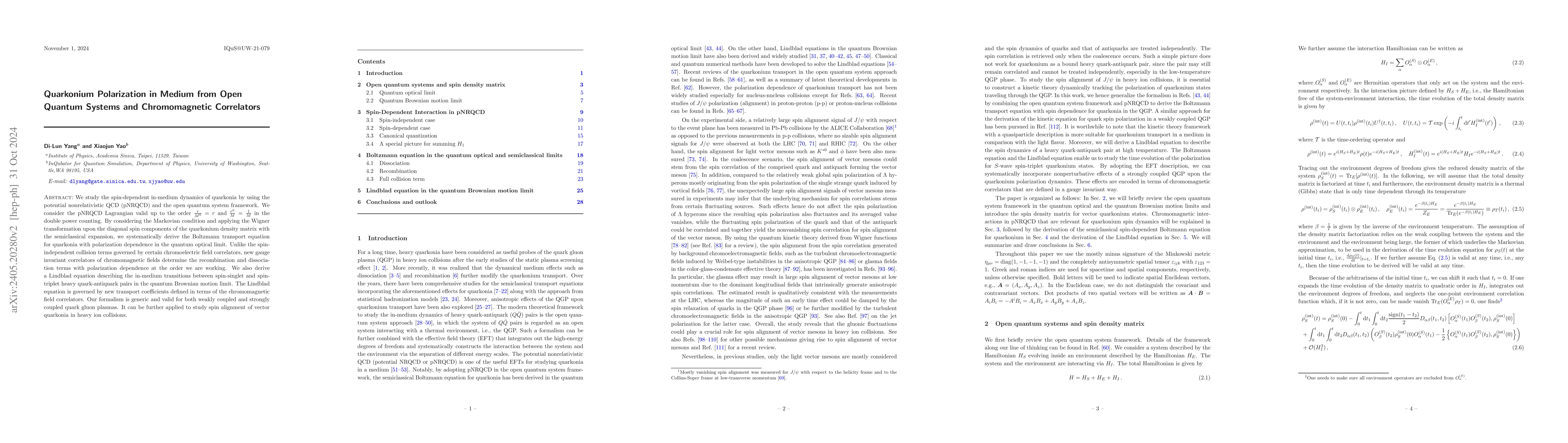 Thumbnail for Quarkonium Polarization in Medium from Open Quantum Systems and
  Chromomagnetic Correlators