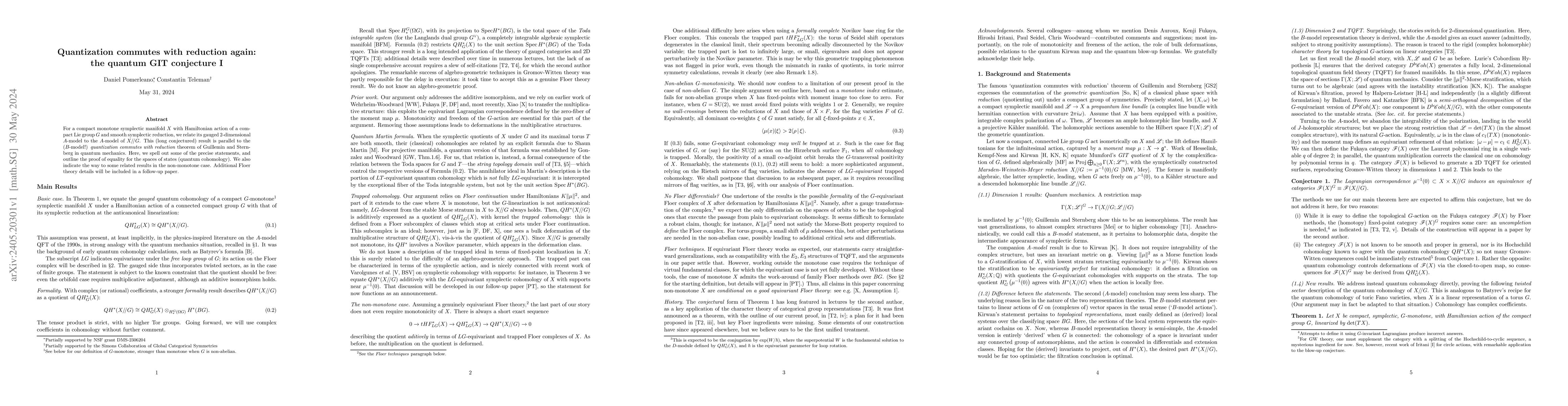 Thumbnail for Quantization commutes with reduction again: the quantum GIT conjecture I
