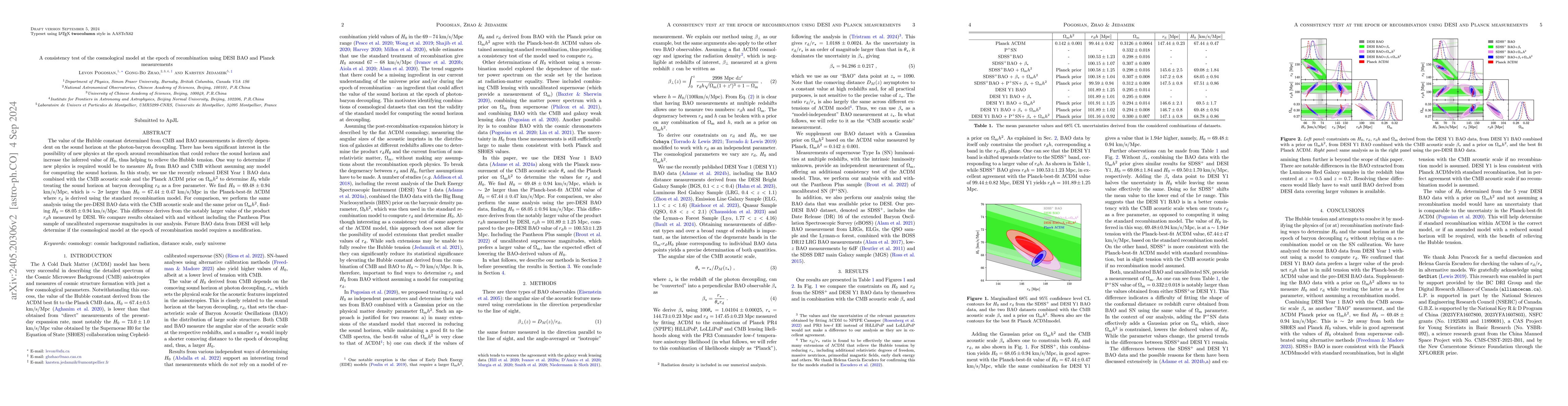 Thumbnail for A consistency test of the cosmological model at the epoch of
  recombination using DESI BAO and Planck measurements