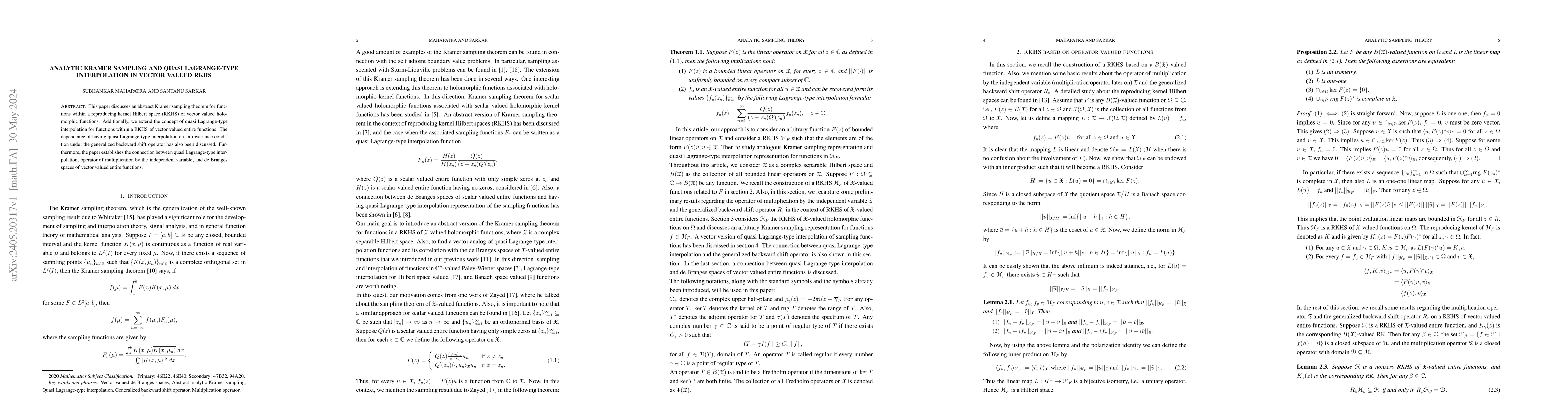Thumbnail for Analytic Kramer sampling and quasi Lagrange-type interpolation in vector
  valued RKHS