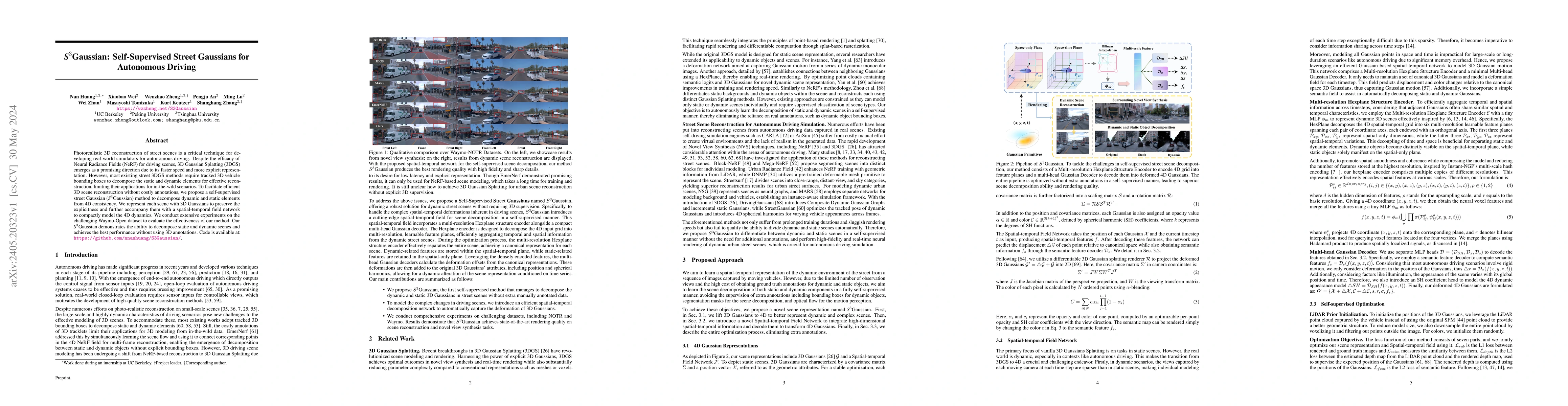 Thumbnail for $\textit{S}^3$Gaussian: Self-Supervised Street Gaussians for Autonomous
  Driving