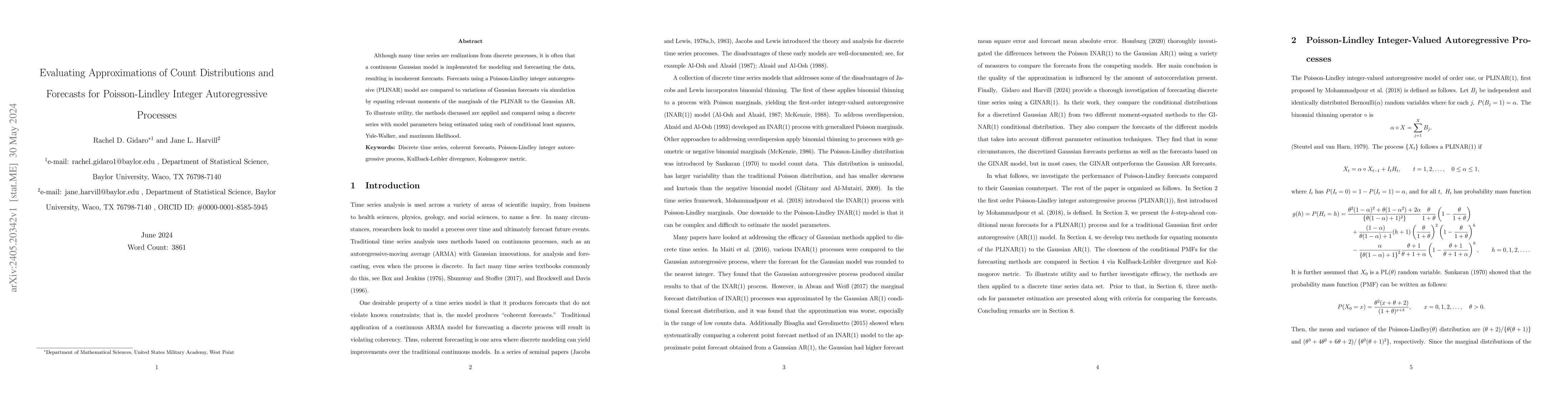 Thumbnail for Evaluating Approximations of Count Distributions and Forecasts for
  Poisson-Lindley Integer Autoregressive Processes