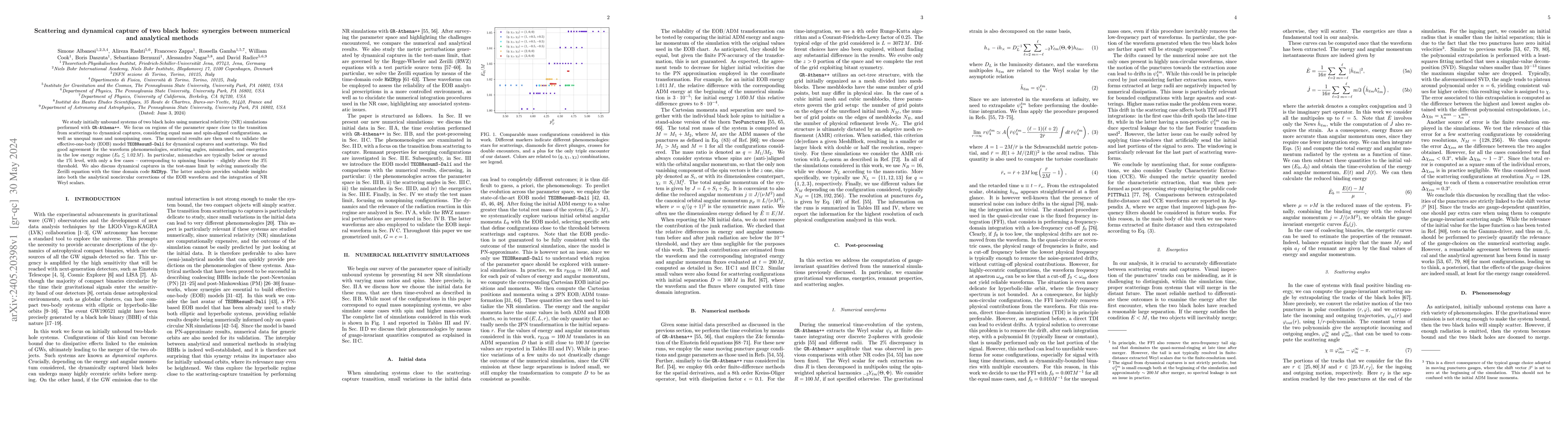 Thumbnail for Scattering and dynamical capture of two black holes: synergies between
  numerical and analytical methods