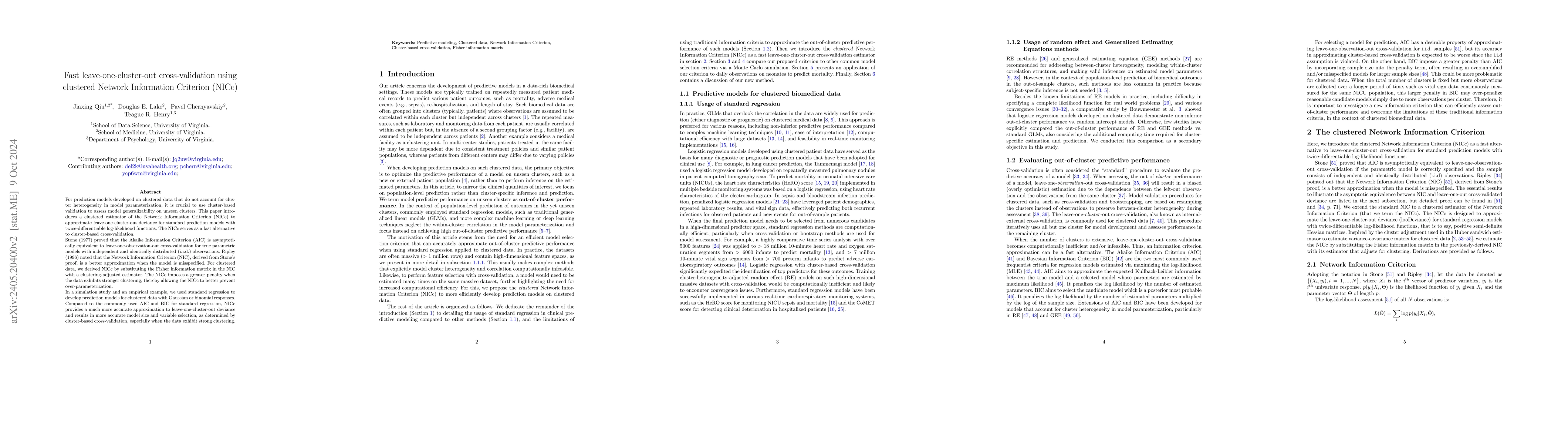 Thumbnail for Fast leave-one-cluster-out cross-validation by clustered Network
  Information Criteria (NICc)
