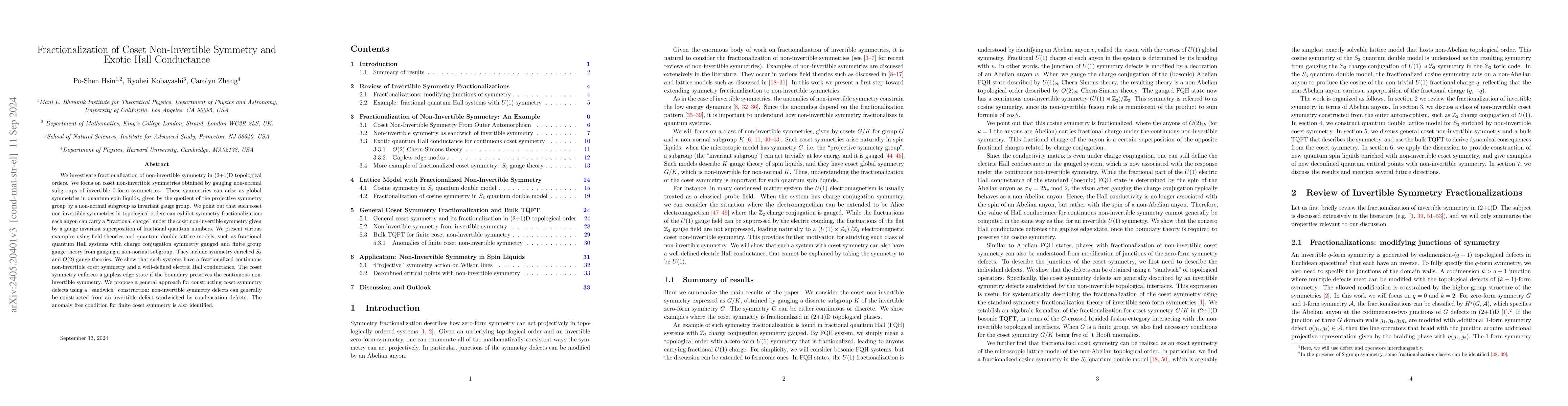 Thumbnail for Fractionalization of Coset Non-Invertible Symmetry and Exotic Hall
  Conductance